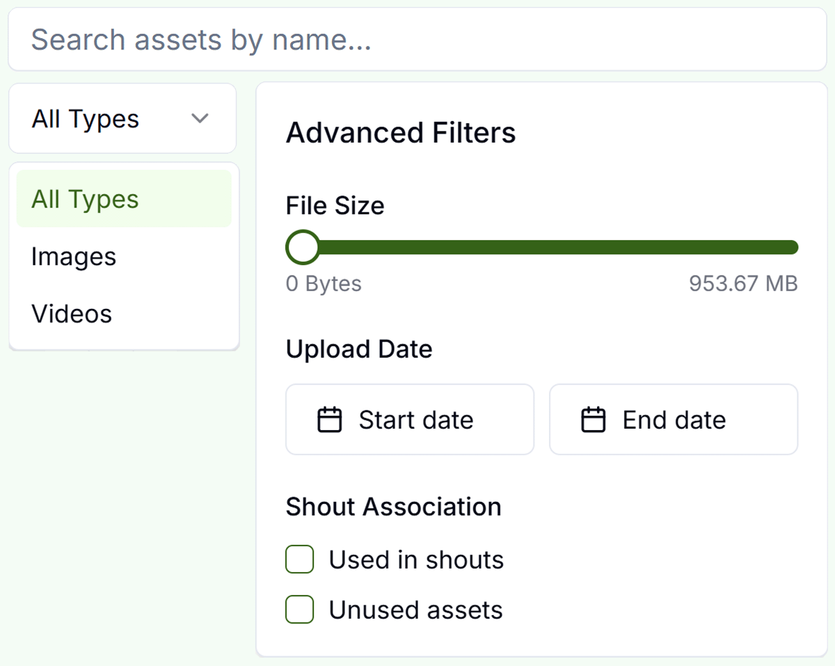 Asset library search and sort interface showing filtering by name, type, and date
