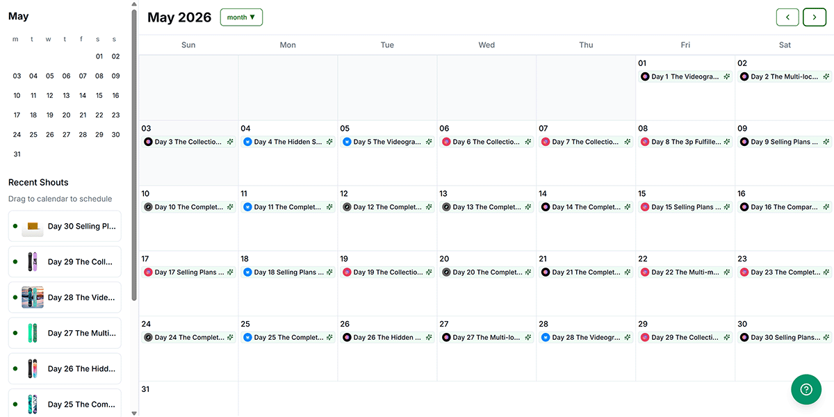 Month calendar view showing a full month of scheduled social posts and email campaigns