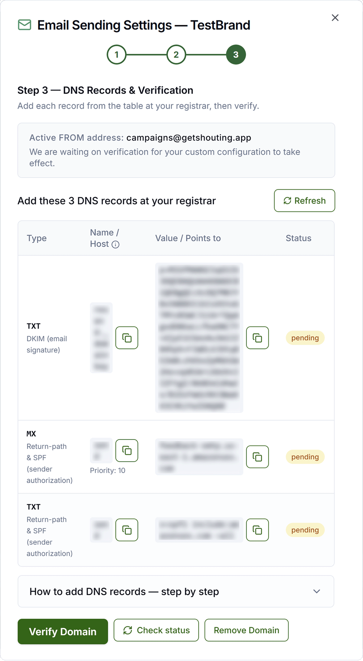Email Sending — Step 1: Sender Identity and Reply-To in Get Shouting