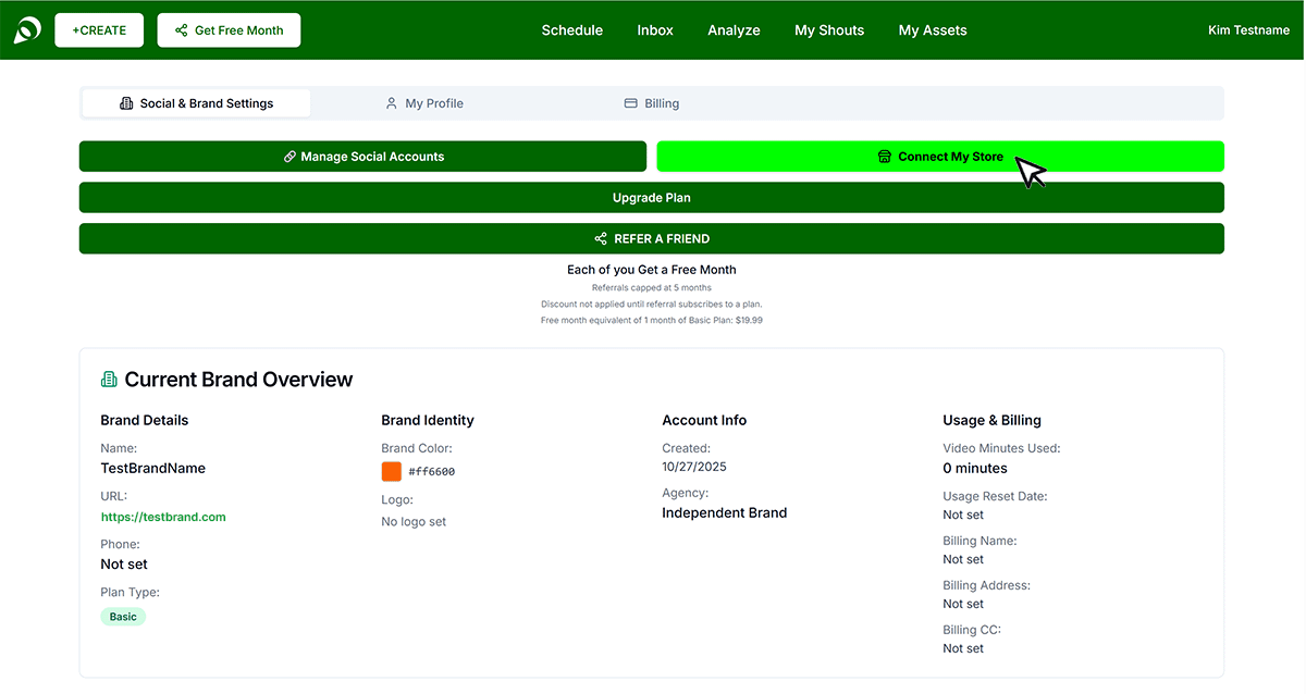 Connect Store button in Get Shouting