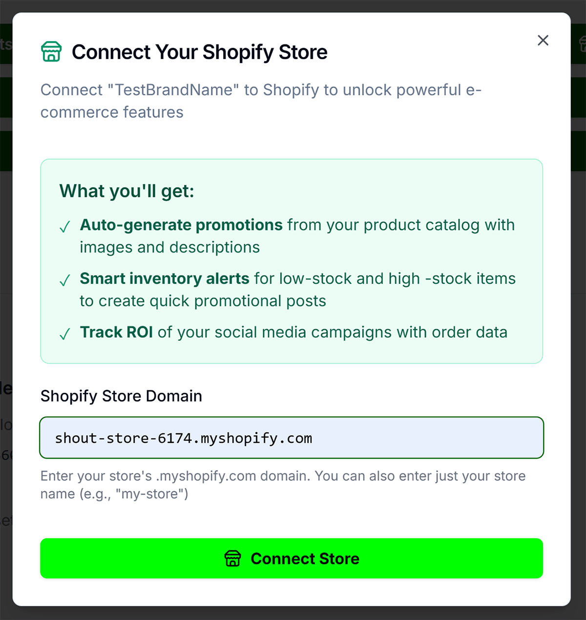 Connect Store dialog — enter Shopify store domain