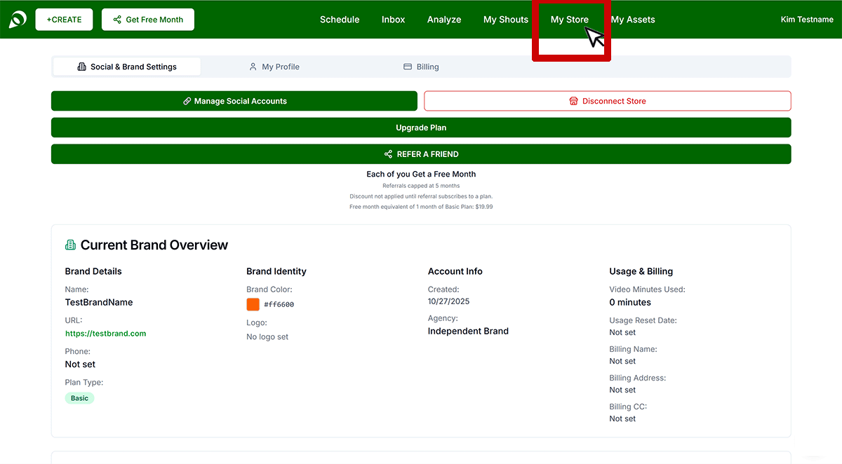 My Store page in Get Shouting showing connected Shopify store