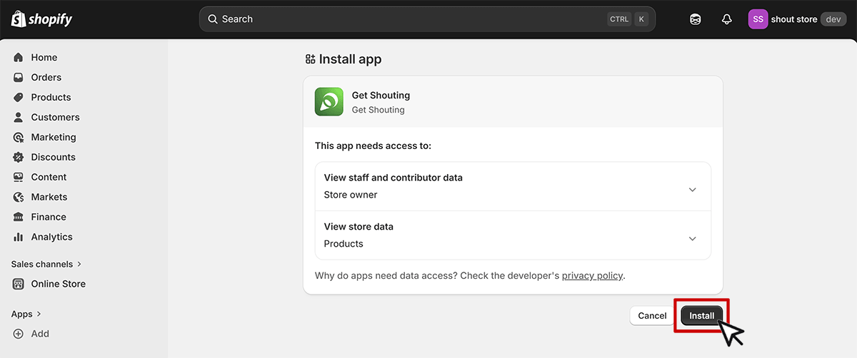 Shopify permissions approval screen