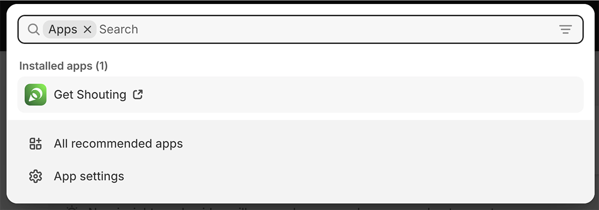 Searching for Get Shouting in the Shopify App Store
