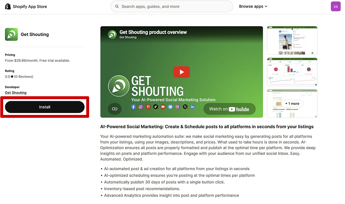 Get Shouting app listing in Shopify App Store