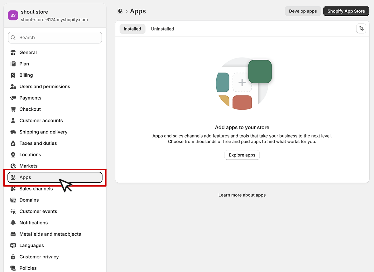 Shopify admin Apps section