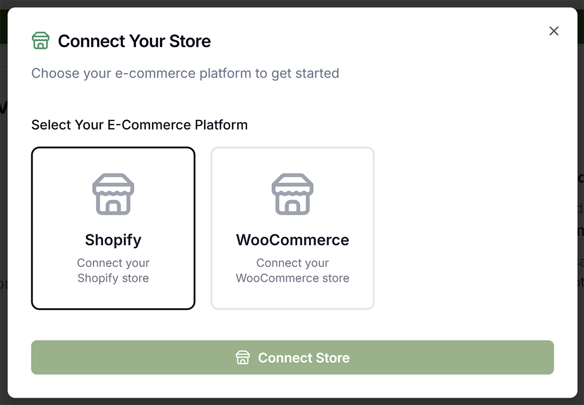 Store type selector — choose Shopify